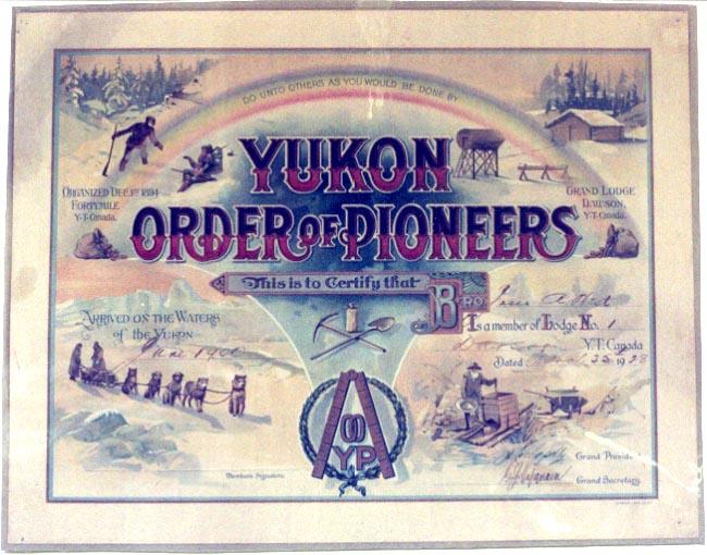 Yukon Order of Pioneers membership certificate - click to enlarge