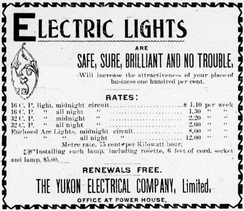Yukon Electrical Company rates, November 29, 1901