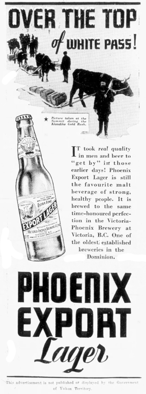Phoenix Export Lager ad in The Whitehorse Star, October 25, 1935.