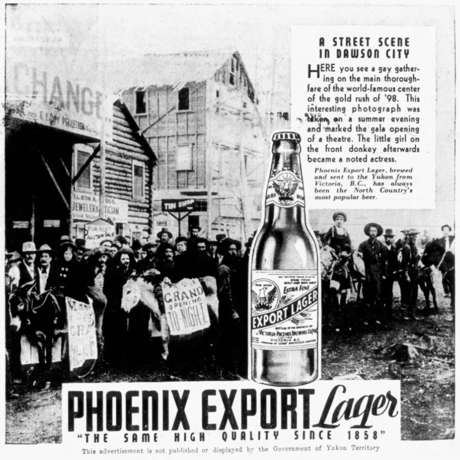 Phoenix Export Lager ad in The Whitehorse Star, September 18, 1936.