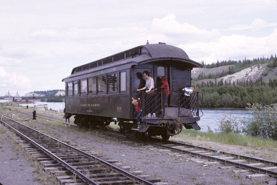 White Pass & Yukon Route passenger car #258, Lake Kluahne. Photo shot in 1966 - digital image donated to ExploreNorth by Michael Drews in 2025.