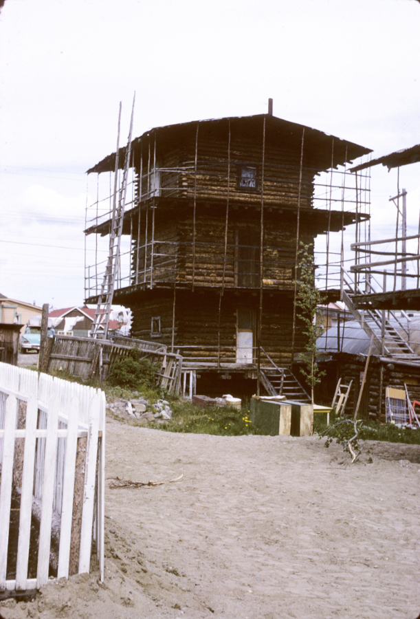 One of the 'log skyscrapers' built on Lambert Street in Whitehorse by Martin Berrigan. Photo shot in 1966 - digital image donated to ExploreNorth by Michael Drews in 2025.