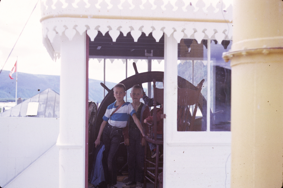 The wheelhouse of the sternwheeler Keno in Dawson. Photo shot in 1966 - digital image donated to ExploreNorth by Michael Drews in 2025.