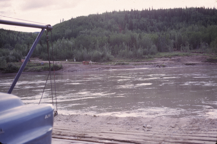 Approaching the ferry landing at West Dawson. Photo shot in 1966 - digital image donated to ExploreNorth by Michael Drews in 2025.