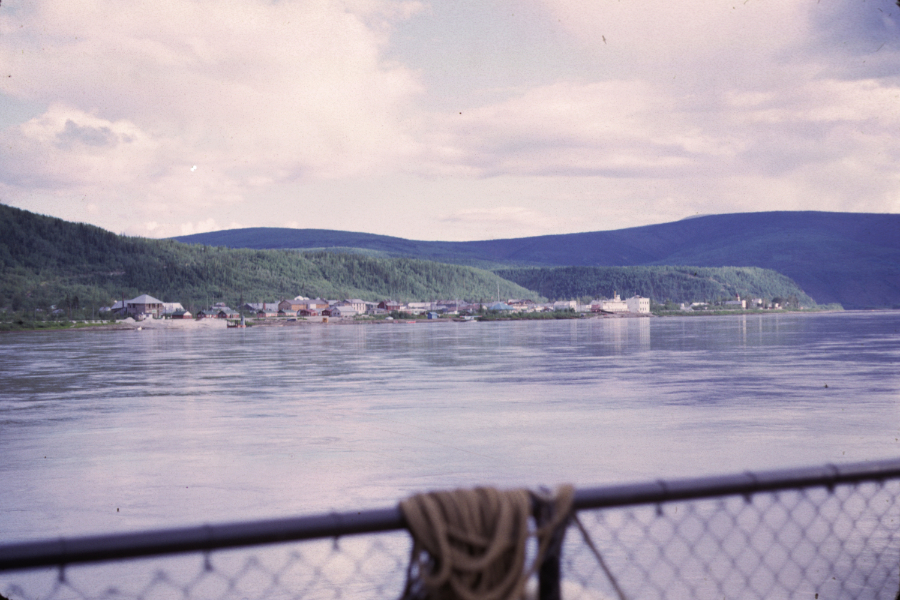 Looking back at Dawson from the ferry. Photo shot in 1966 - digital image donated to ExploreNorth by Michael Drews in 2025.