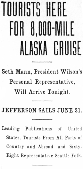 Headline: Tourists In Seattle For 8,000-Mile Alaska Cruise, 1913