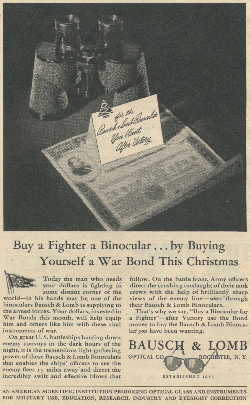 Bausch & Lomb binoculars ad in the January 1944 edition of Sports Afield