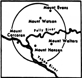 Map showing location of 5 mountains named for Yukon Field Force members, 1972.