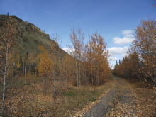 The Yukon River and Tantalus Butte from the downriver end of Carmacks.