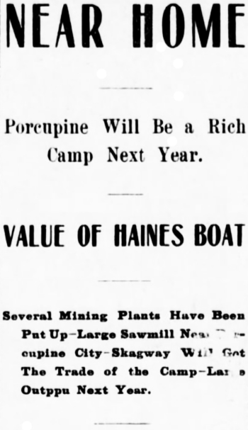 Headline: Porcupine Will Be a Rich Camp Next Year, 1900