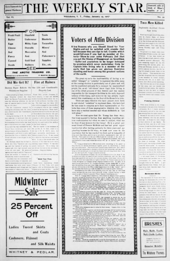 Front page of The Weekly Star (Whitehorse, Yukon Territory) of January 25, 1907