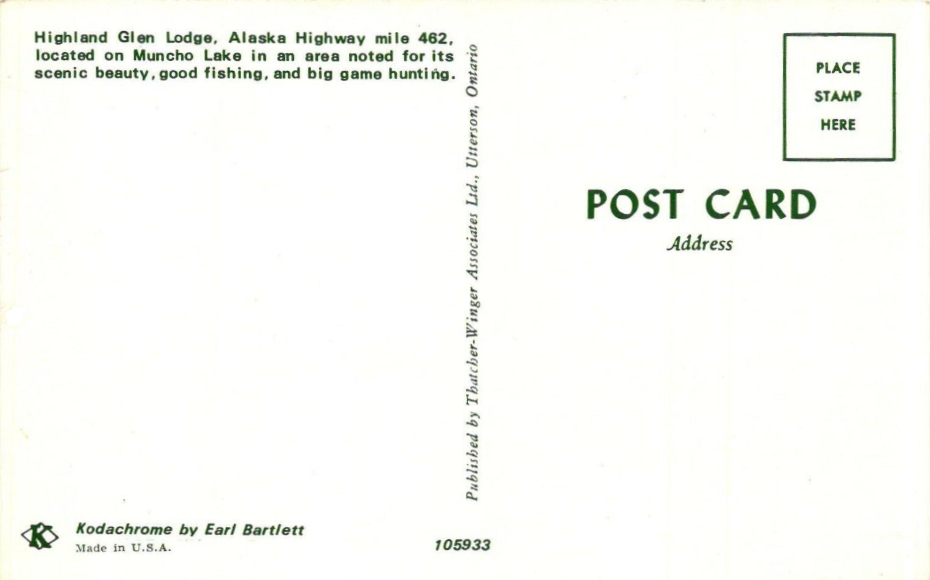 Postcard showing Highland Glen Lodge and Muncho Lake from a high hiking trail, ca. 1985.