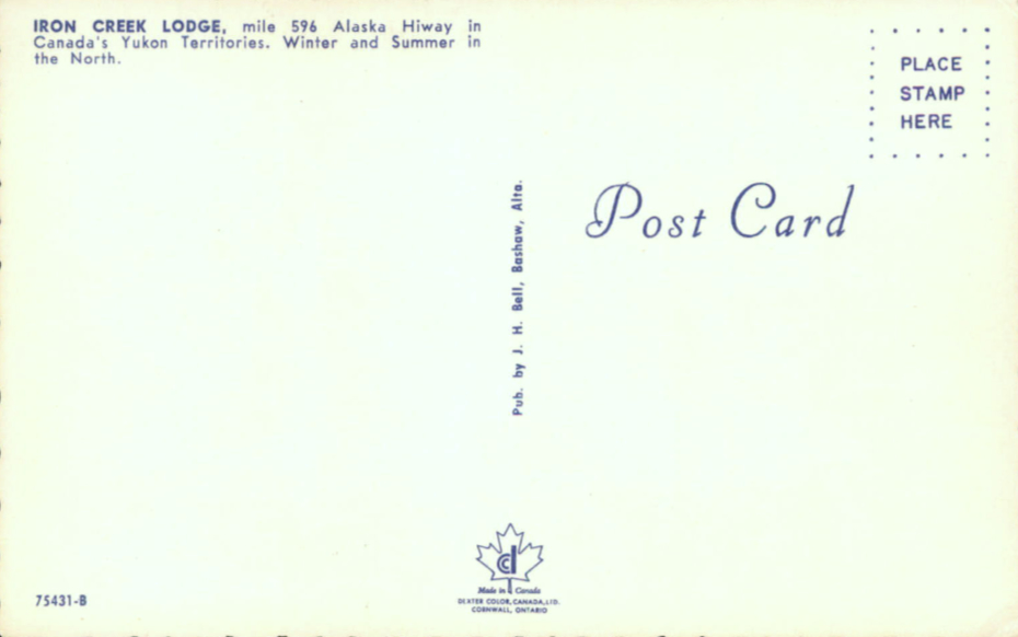 A postcard with two photos showing Iron Creek Lodge in both summer and winter, ca. 1975.