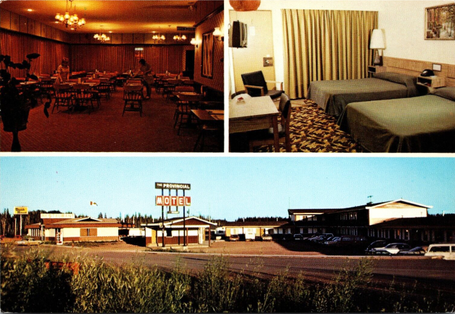 Postcard with 3 photos showing the Provincial Motel in Fort Nelson in about 1975.