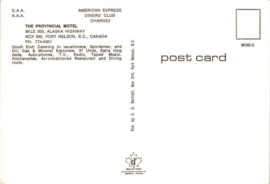 Postcard with 3 photos showing the Provincial Motel in Fort Nelson in about 1975.