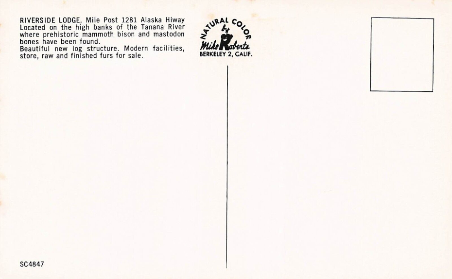 Postcard showing the large log lodge on the Alaska Highway ca. 1958.