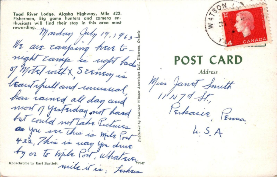 Postcard showing Toad River Lodge on the Alaska Highway in 1965.
