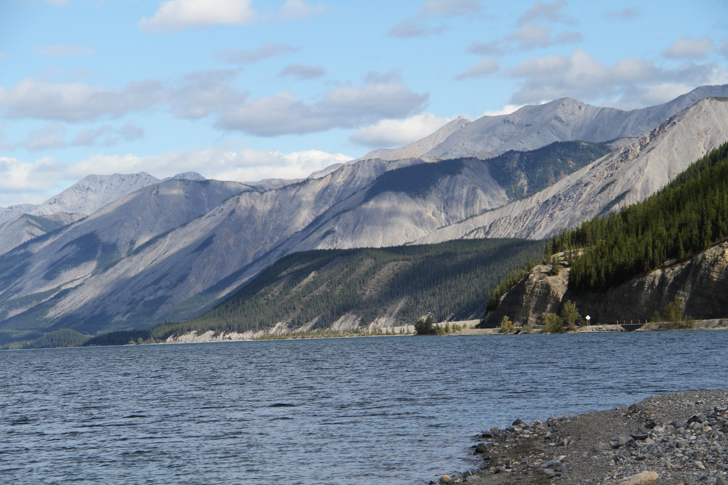 Muncho Lake in late August, looking north from Km 700.9 of the Alaska Highway.