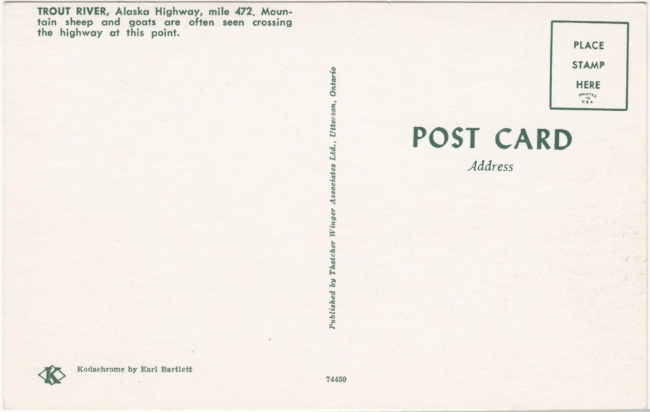 Reverse of postcard showing the Alaska Highway at Trout River, Mile 472