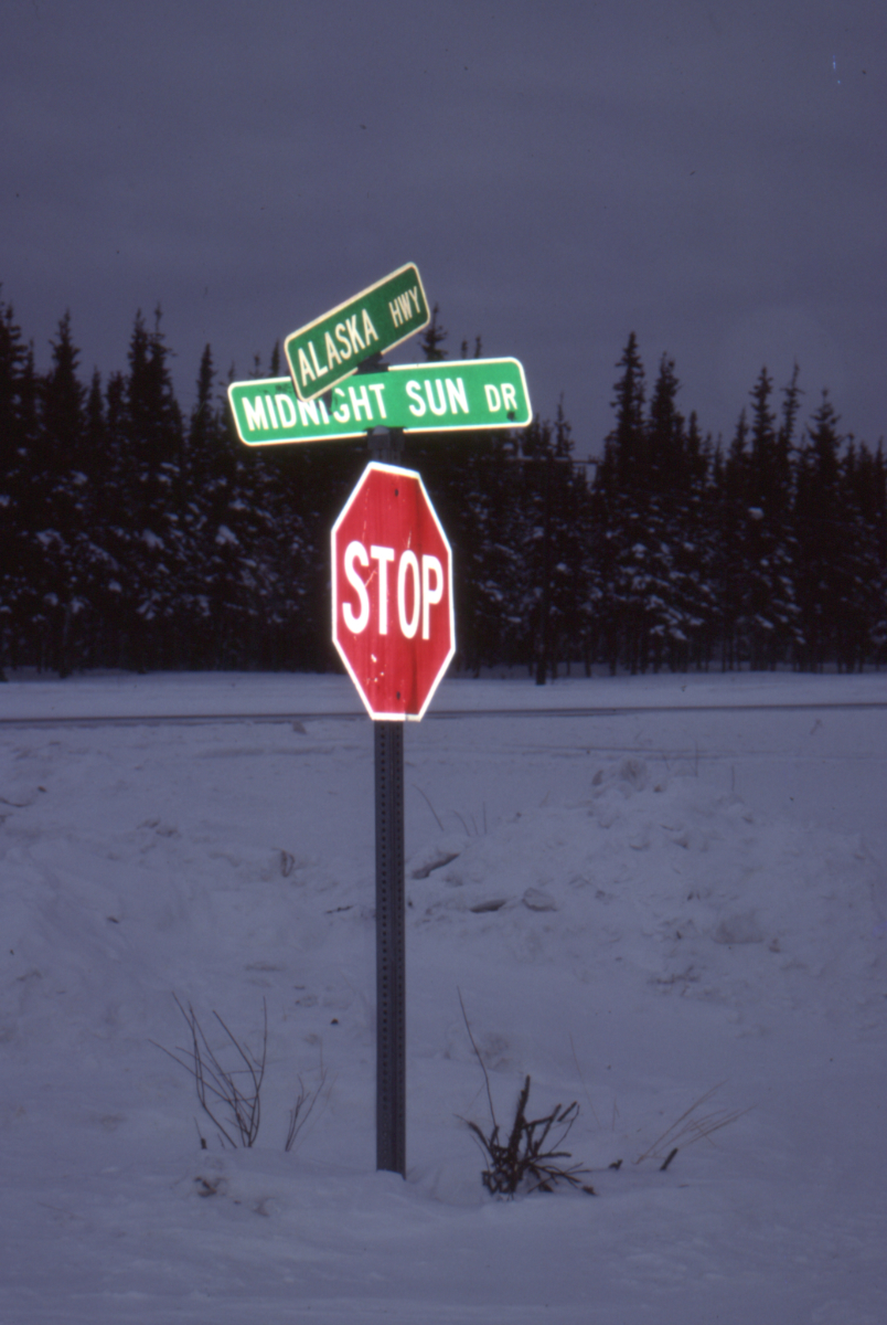 The intersection of the Alaska Highway and Midnight Sun Drive, Tok, Alaska
