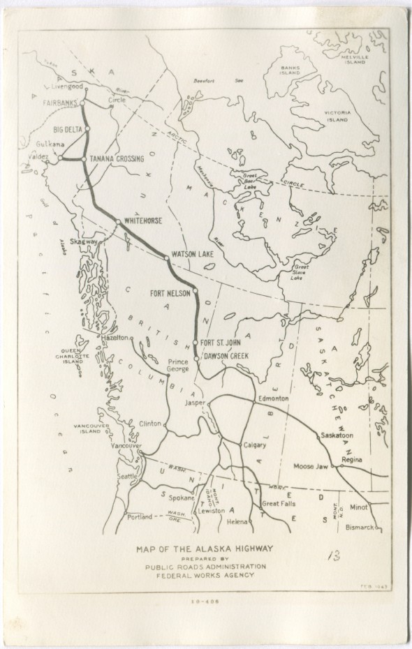 Postcard showing a map of the Alaska Highway and access routes