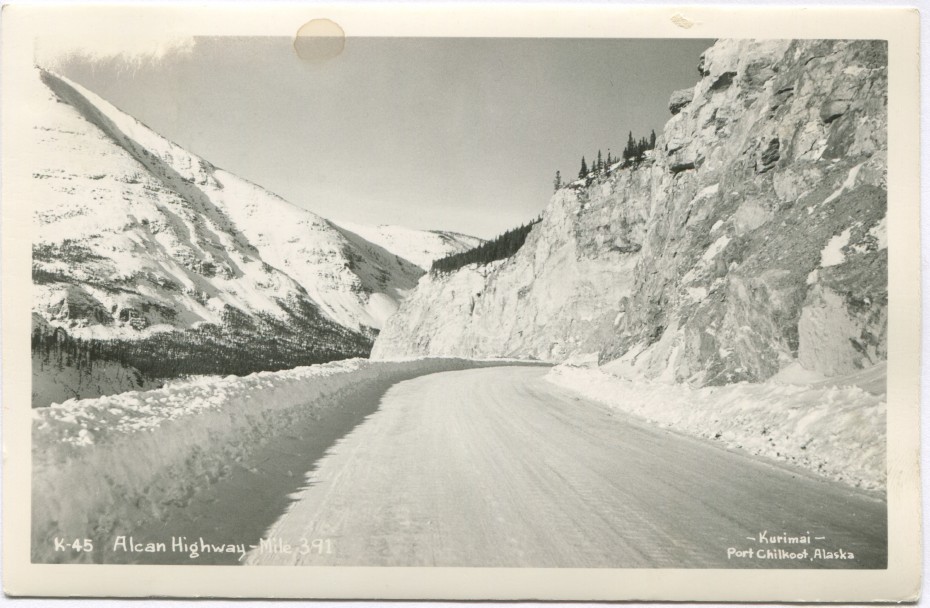 Postcard showing Alcan Highway Mile 391 in the winter in the late 1940s. By Kurimai.