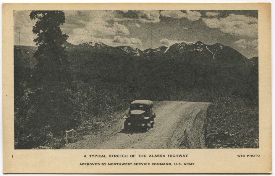 Alaska Highway postcard showing an Army carryall coming over a hill, 1940s