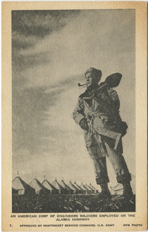 Postcard showing an American Corps of Engineers soldier on the Alaska Highway, 1940s