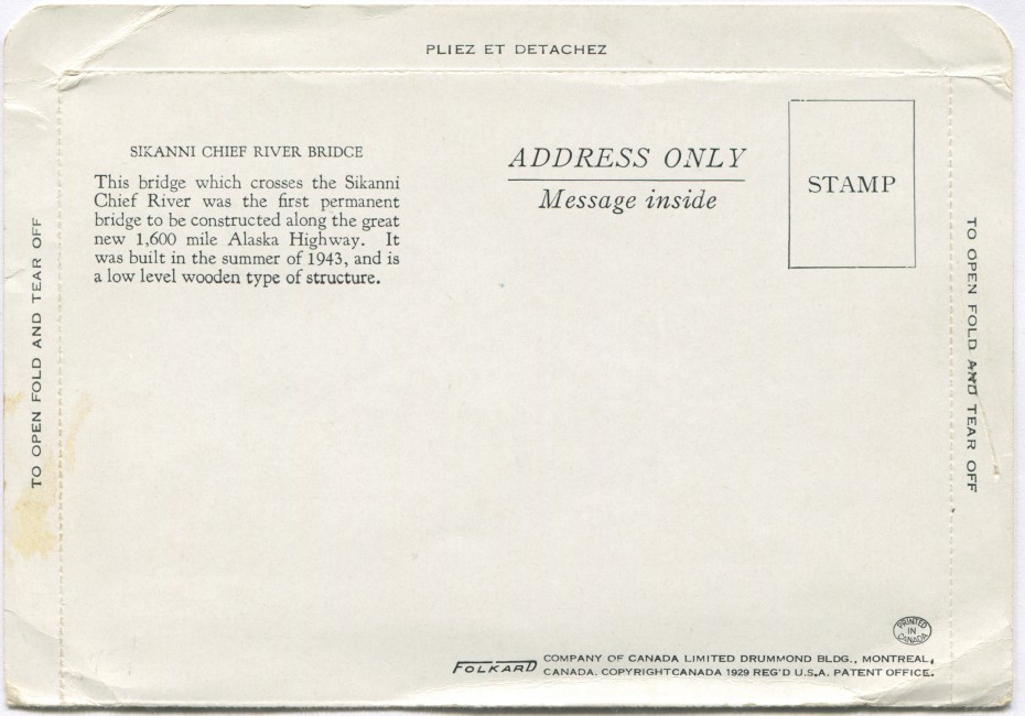 Reverse of a Folkard type postcard showing the first permanent wooden Sikanni Chief River Bridge, Alaska Highway