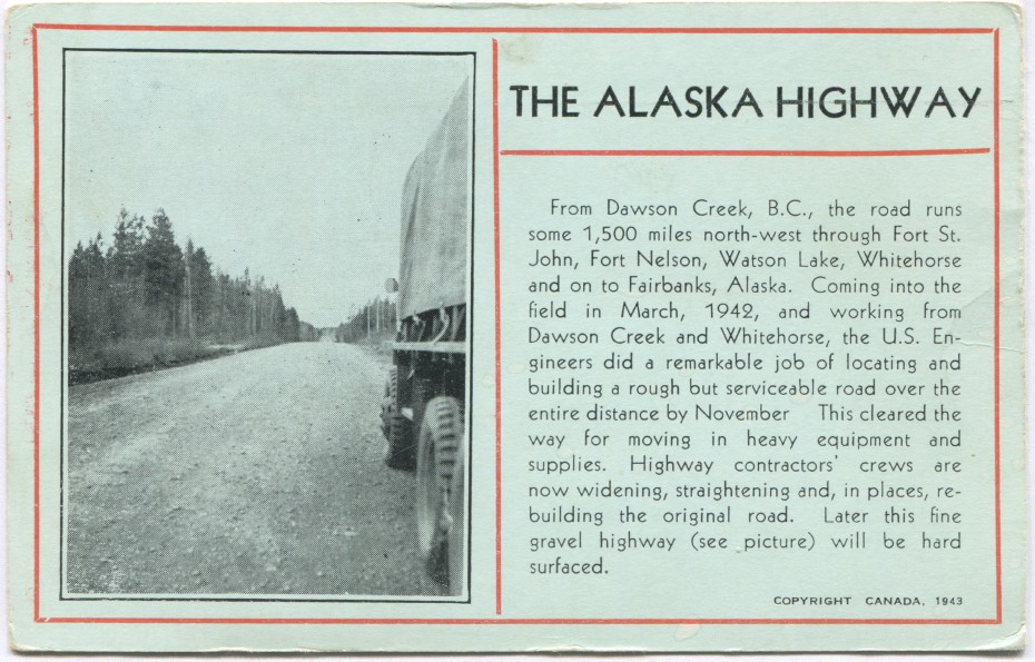 Postcard showing a truck on the Alaska Highway in the 1940s