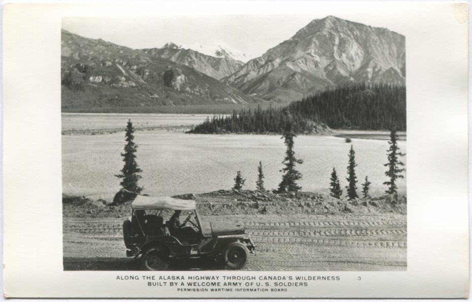 Postcard showing a Jeep on the new Alaska Highway in the 1940s