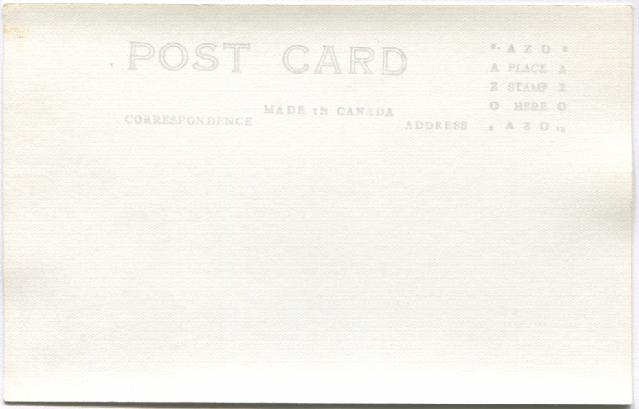 Reverse of a 1940s Alaska Highway postcard with an AZO stamp box
