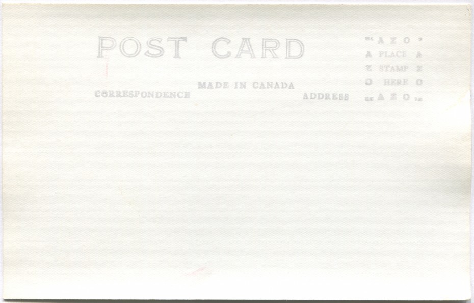 Reverse of a 1940s Alaska Highway postcard with an AZO stamp box