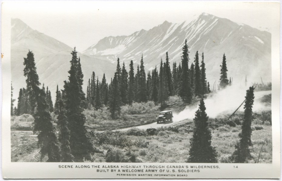 Alaska Highway postcard showing an Army carryall speeding through the wilderness, 1940s