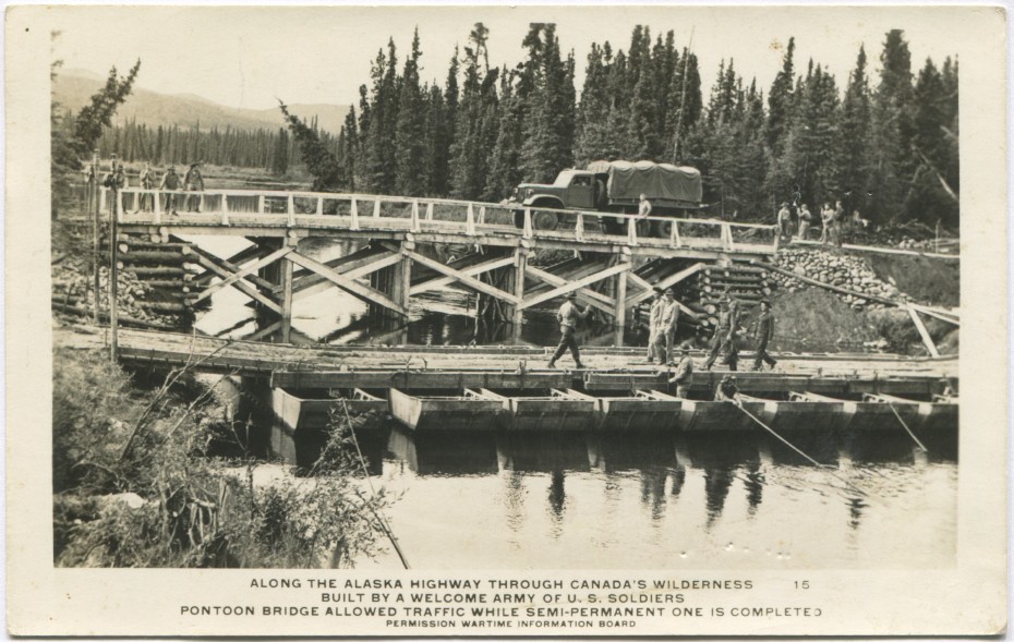 Alaska Highway postcard showing pontoon and log bridges, 1940s