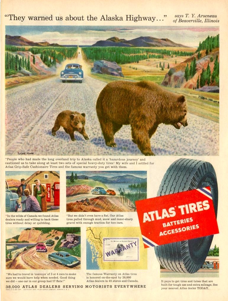 1954 Atlas Tires ad - a painting showing a family car meeting a couple of bears along the Alaska Highway.