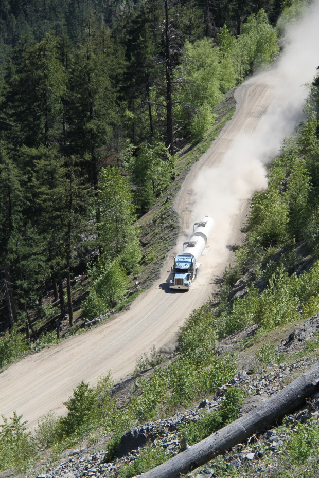 Looking down from Km 14.8 on the Bella Coola hill at approaching traffic.