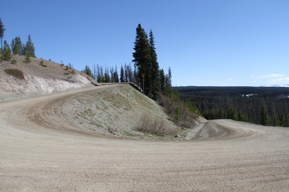 The first hairpin turn, at Km 0.8 from the top of The Hill leading to Bella Coola