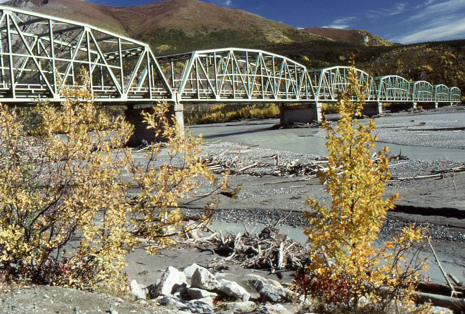 The Donjek River Bridge at Alaska Highway Km 1761.6 as it was in September 1990.