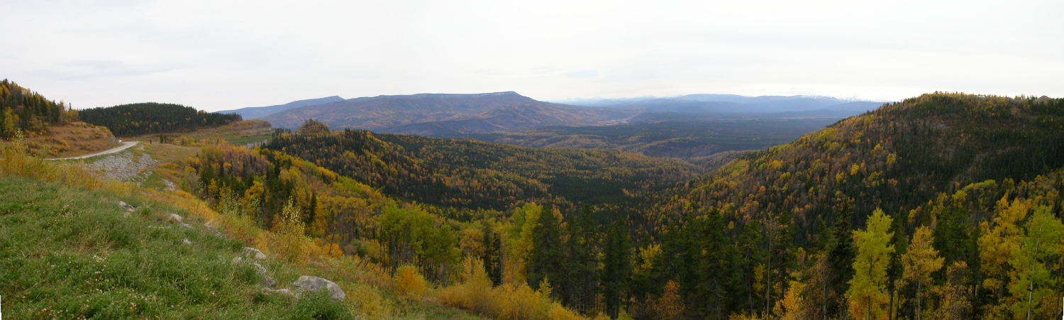 A panoramic view from near the summit of Steamboat Mountain, at Km 534 of the Alaska Highway.