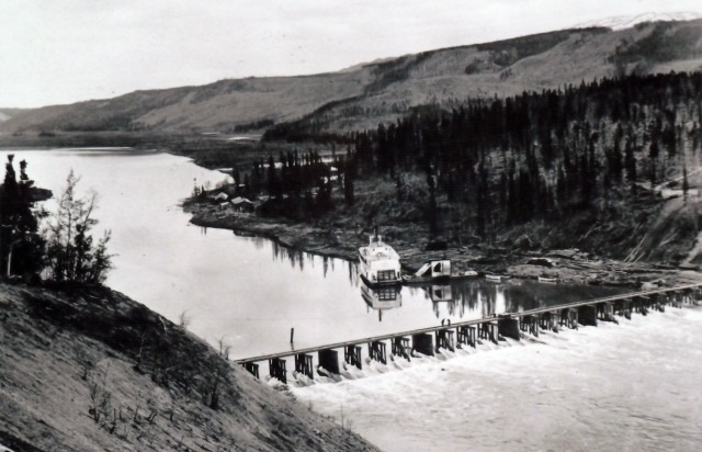The Lewes River Dam and the location of the future Alaska Highway and Yukon River Bridge, in about 1925.