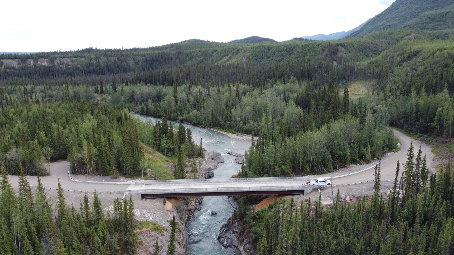 The Lapie River Bailey bridge over the canyon at Km 212.9 of the South Canol Road in 2024
