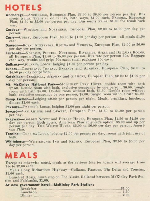  Alaska Steamship Company hotel and meal rates for 1941