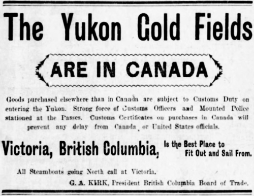 Ad promoting an All_Canadian route to the Klondike goldfields, 1897.