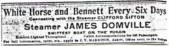 Ad for the Yukon River sternwheeler James Domville, 1899.
