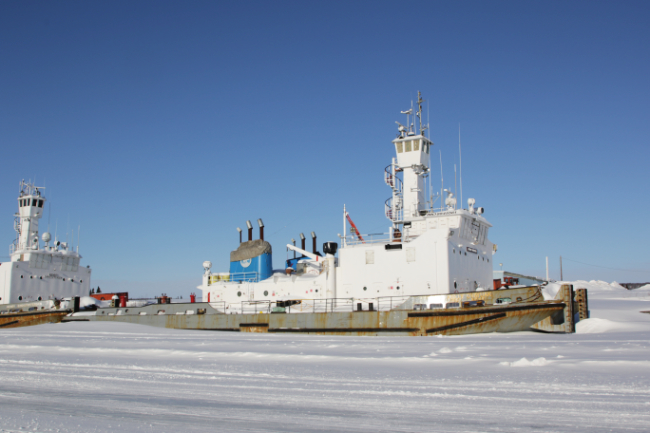 The tug Kelly Ovayuak frozen in for the winter on the Mackenzie River at Inuvik on April 9, 2024.