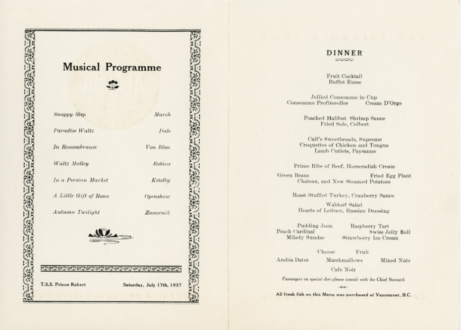 Canadian National Steamship Prince Robert - July 17, 1937 dinner menu