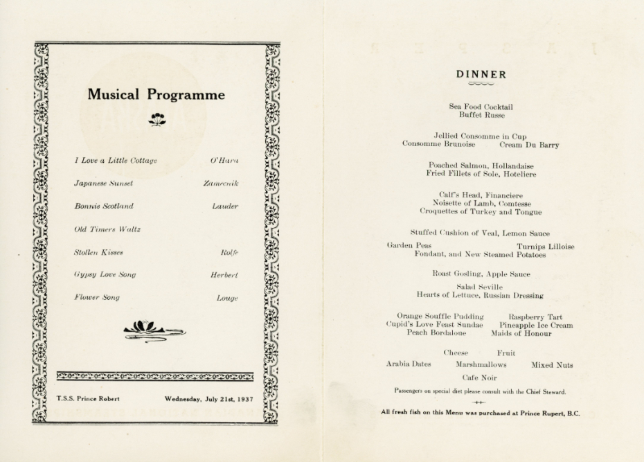 Canadian National Steamship Prince Robert - July 21, 1937 dinner menu