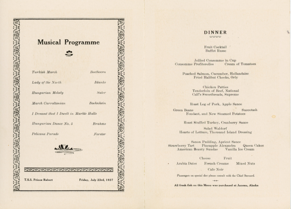 Canadian National Steamship Prince Robert - July 23, 1937 dinner menu