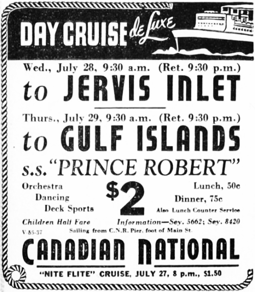 Headline: Day Cruise deLuxe on Prince Robert, July 1937